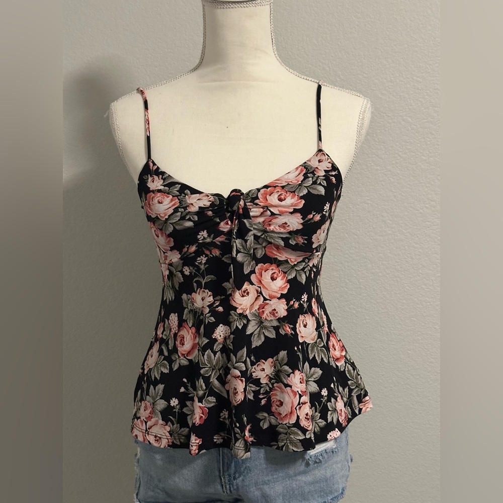 Floral Black Spaghettis Strap Flowy Top Shirt Blouse Size Small